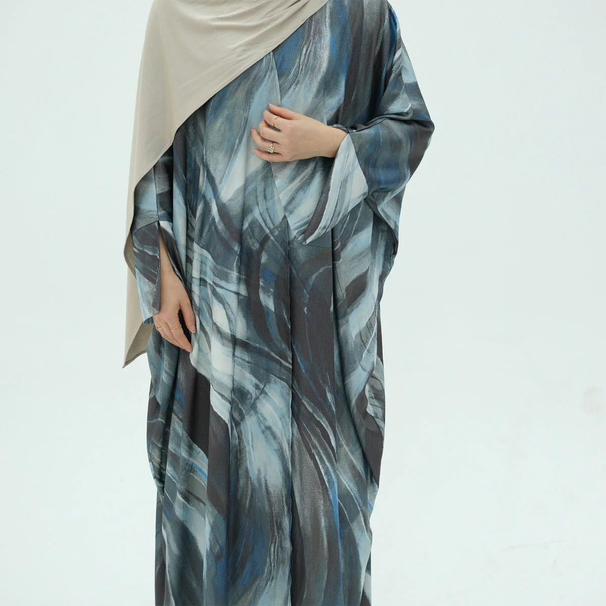 Modest Luxury Watercolor Print Cardigan Abaya | Blue-Grey Abstract Art Robe with Flowing Silhouette (MOA172) - Image 3