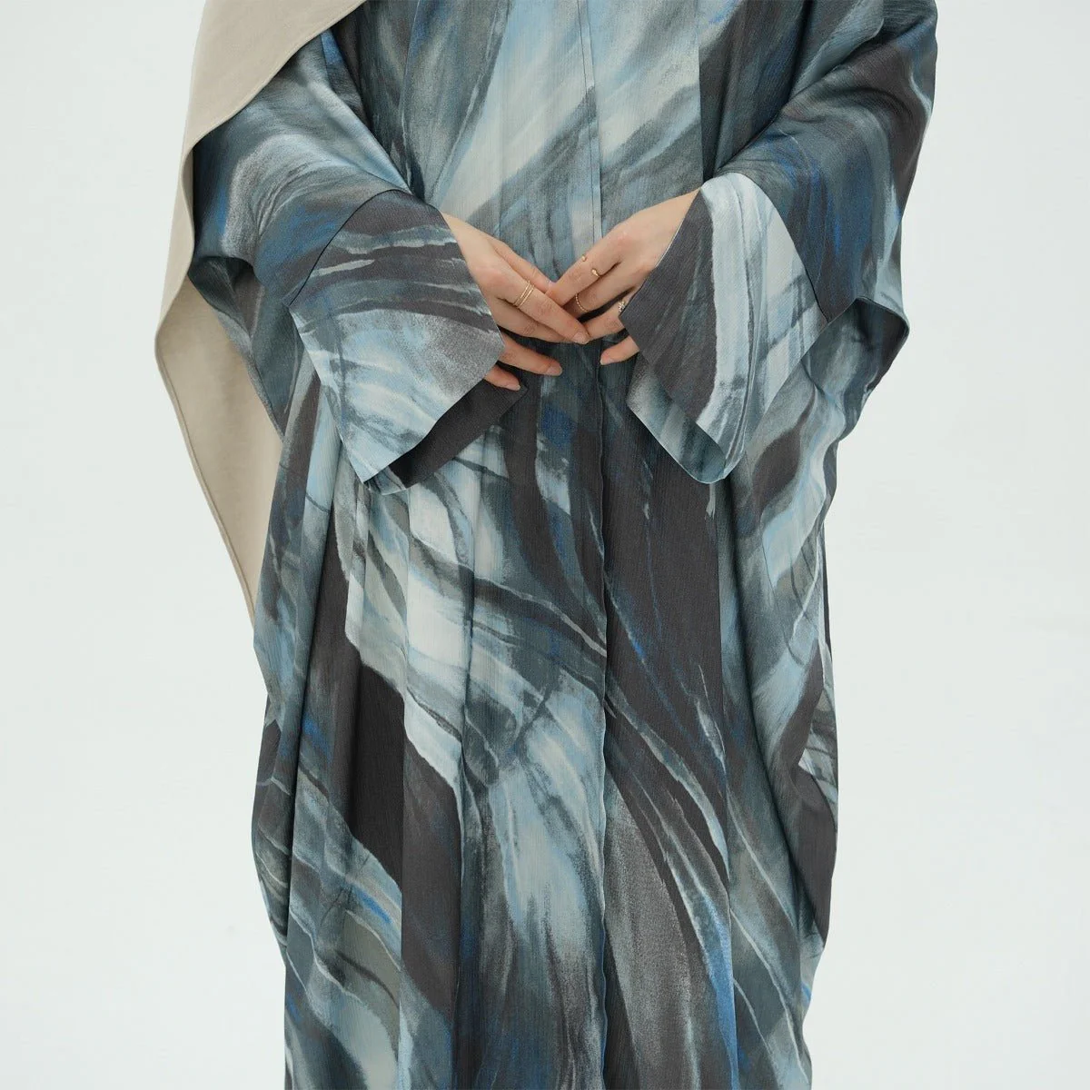 Modest Luxury Watercolor Print Cardigan Abaya | Blue-Grey Abstract Art Robe with Flowing Silhouette (MOA172) - Image 4