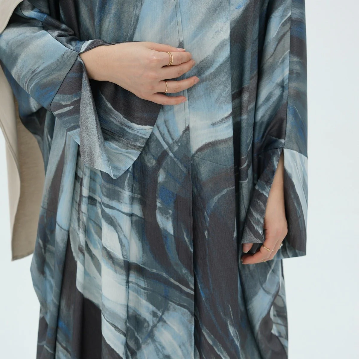 Modest Luxury Watercolor Print Cardigan Abaya | Blue-Grey Abstract Art Robe with Flowing Silhouette (MOA172) - Image 5