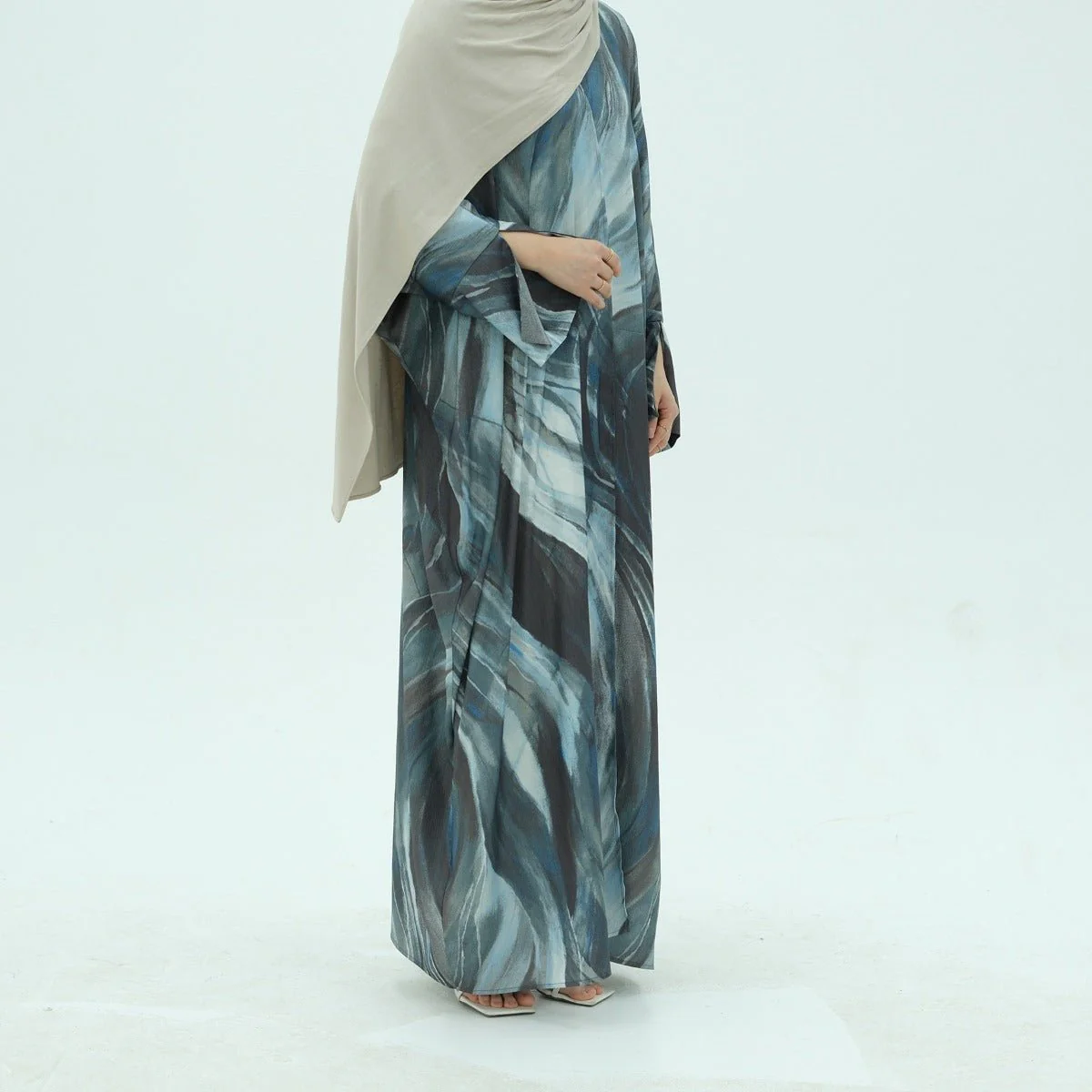 Modest Luxury Watercolor Print Cardigan Abaya | Blue-Grey Abstract Art Robe with Flowing Silhouette (MOA172) - Image 6