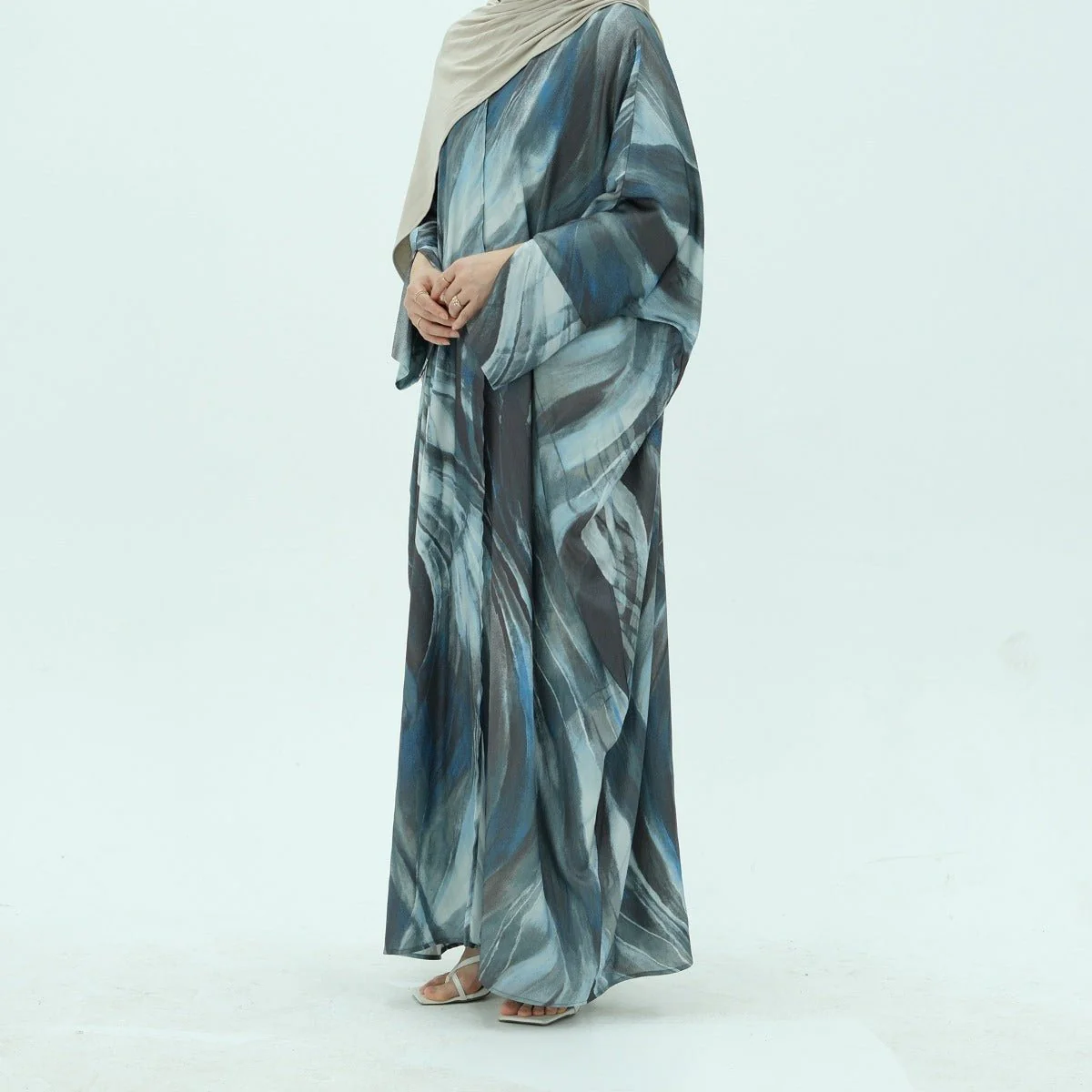Modest Luxury Watercolor Print Cardigan Abaya | Blue-Grey Abstract Art Robe with Flowing Silhouette (MOA172) - Image 7