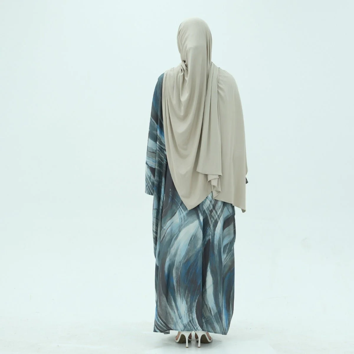 Modest Luxury Watercolor Print Cardigan Abaya | Blue-Grey Abstract Art Robe with Flowing Silhouette (MOA172) - Image 8