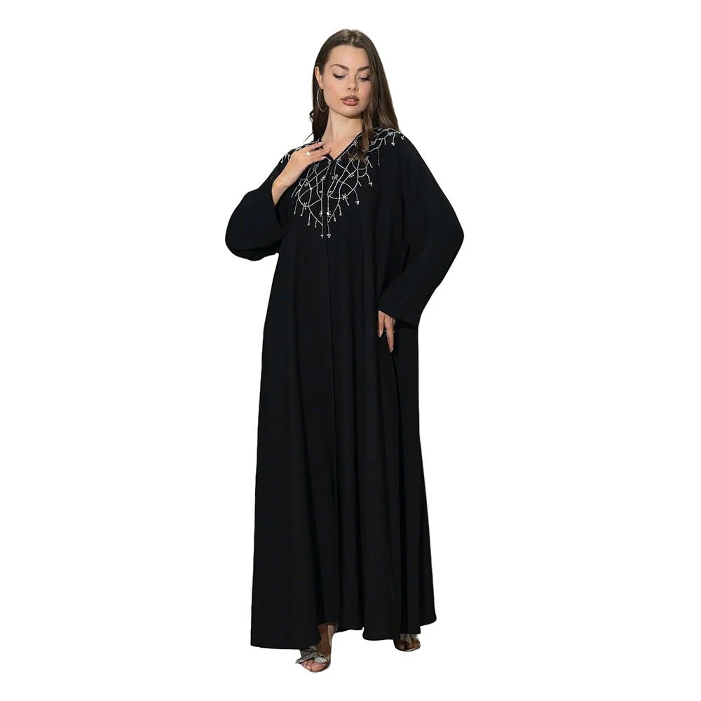 Modest Muslim Loose Fit Black Diamond Embellished V-Neck Abaya Dress(MOA208) - Image 14