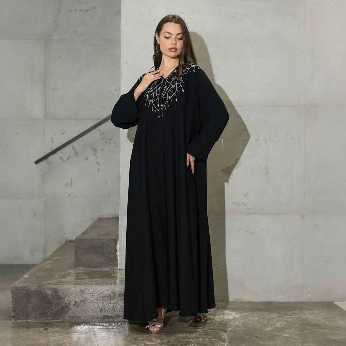 Modest Muslim Loose Fit Black Diamond Embellished V-Neck Abaya Dress(MOA208) - Image 2