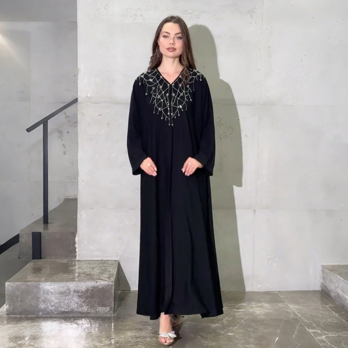 Modest Muslim Loose Fit Black Diamond Embellished V-Neck Abaya Dress(MOA208) - Image 3