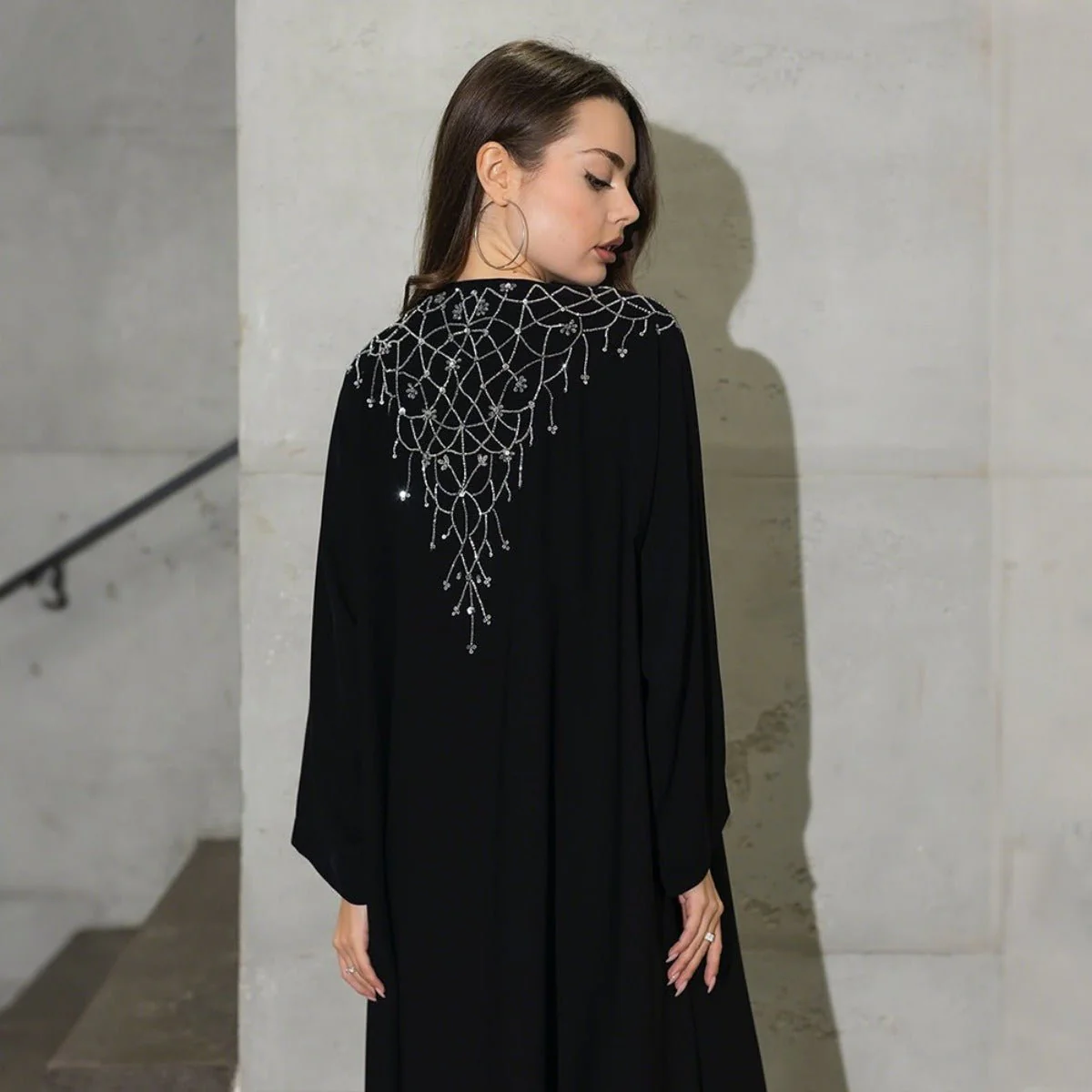 Modest Muslim Loose Fit Black Diamond Embellished V-Neck Abaya Dress(MOA208) - Image 4