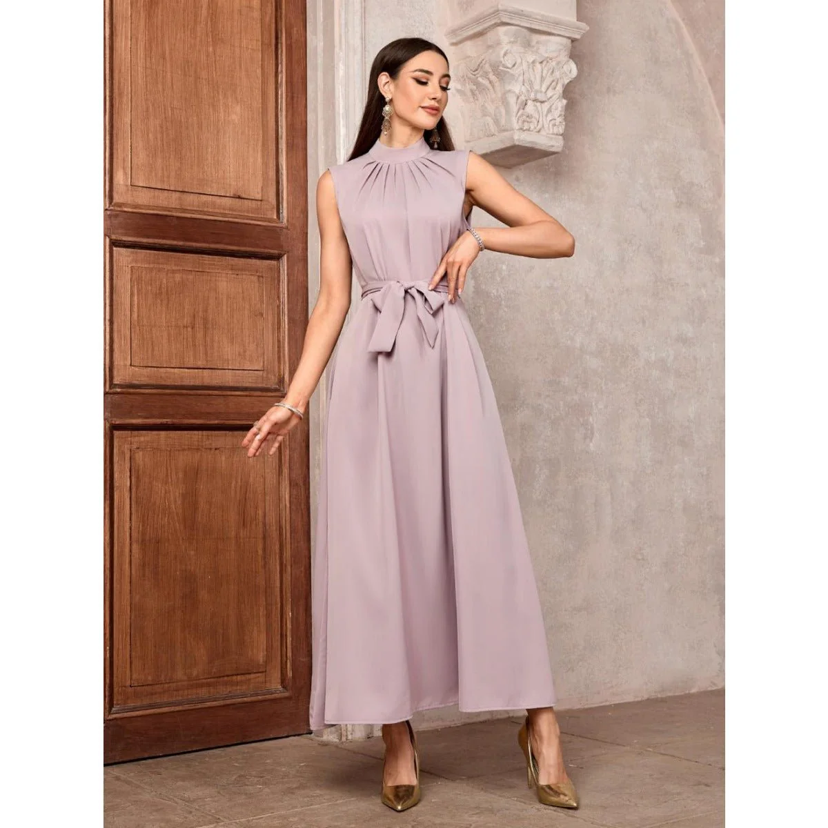 Modest Muslim Luxury Batwing Abaya Set | Black Embroidered Cardigan & Lavender Dress (MOA181) - Image 11