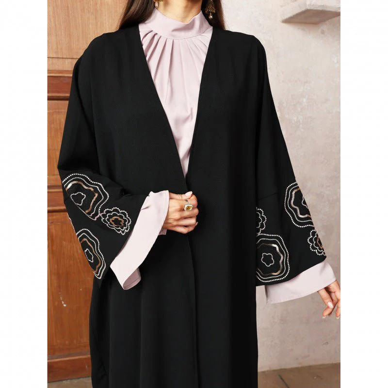 Modest Muslim Luxury Batwing Abaya Set | Black Embroidered Cardigan & Lavender Dress (MOA181) - Image 13