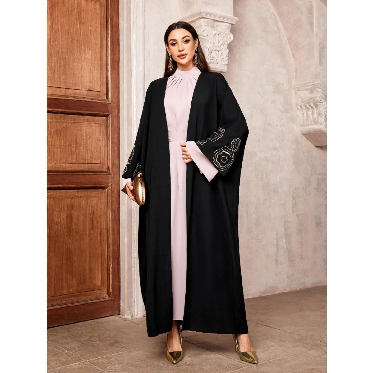 Modest Muslim Luxury Batwing Abaya Set | Black Embroidered Cardigan & Lavender Dress (MOA181) - Image 3
