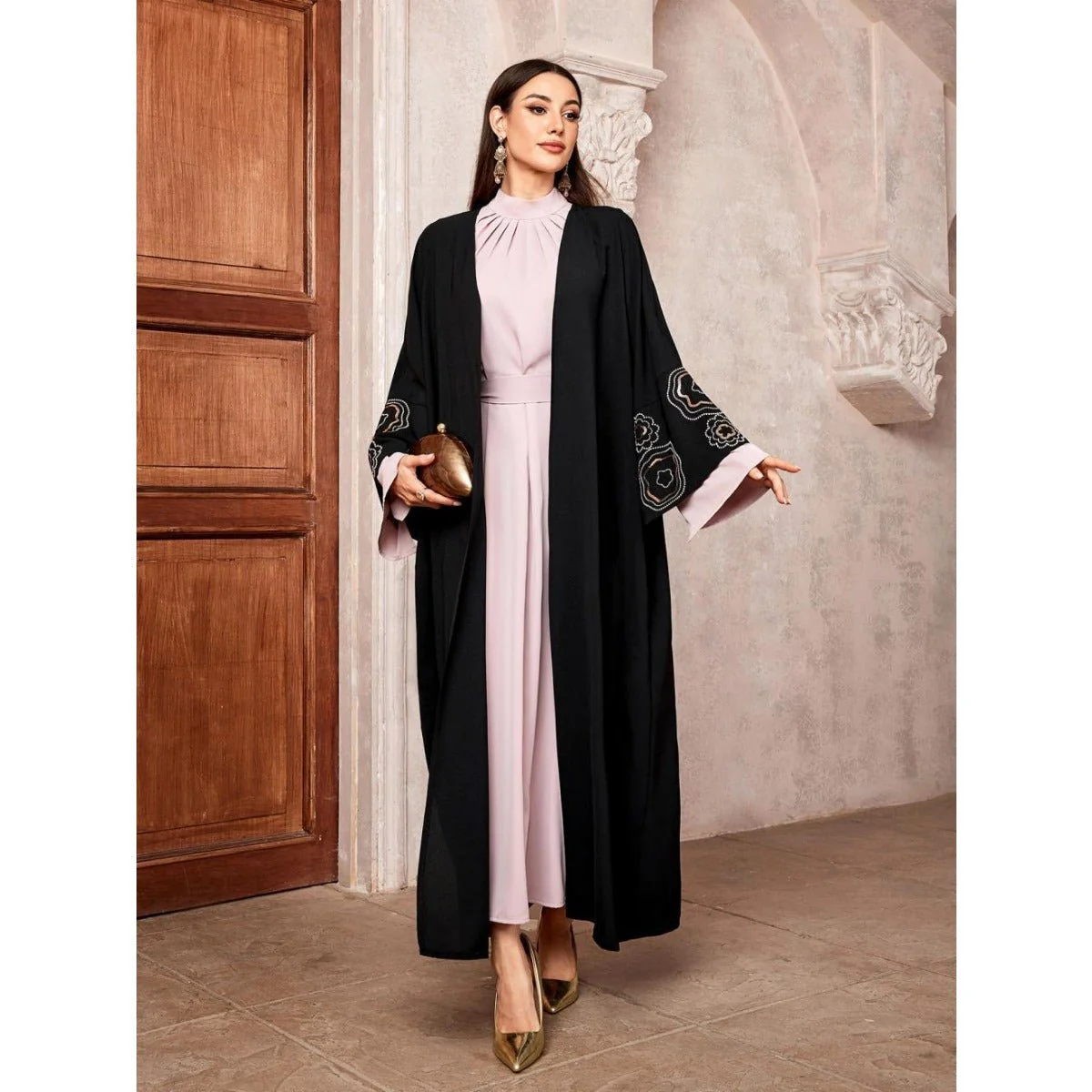 Modest Muslim Luxury Batwing Abaya Set | Black Embroidered Cardigan & Lavender Dress (MOA181) - Image 4