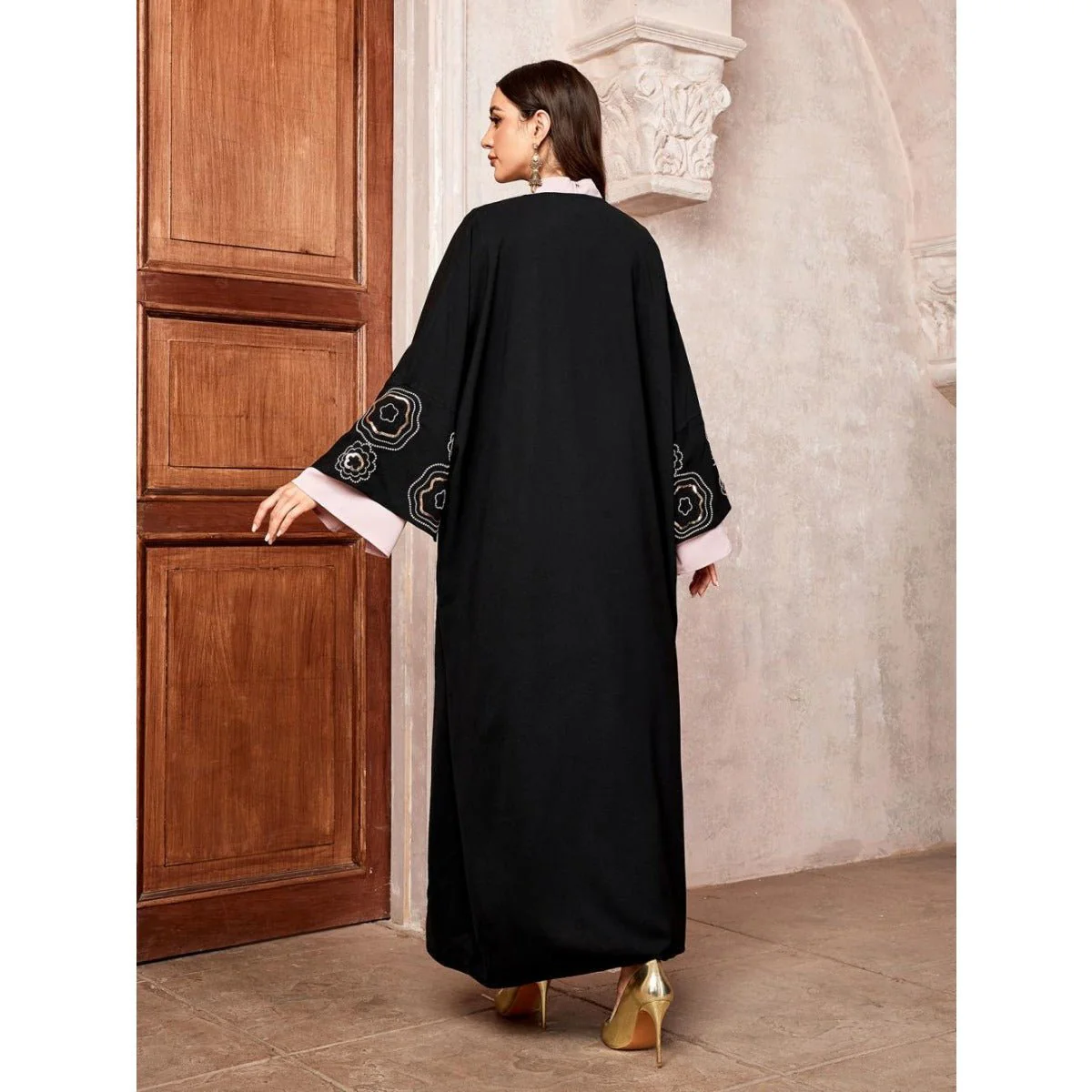 Modest Muslim Luxury Batwing Abaya Set | Black Embroidered Cardigan & Lavender Dress (MOA181) - Image 5