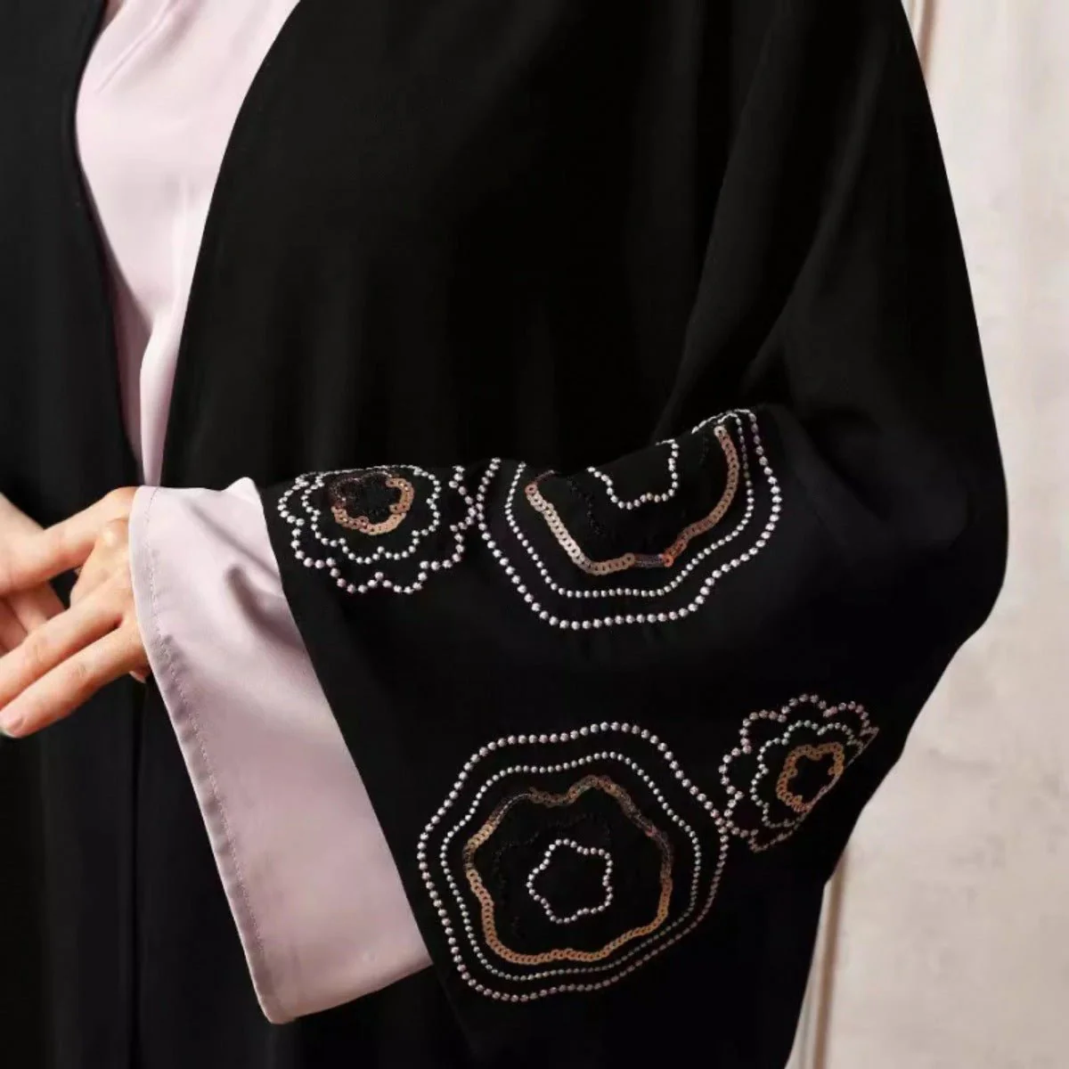 Modest Muslim Luxury Batwing Abaya Set | Black Embroidered Cardigan & Lavender Dress (MOA181) - Image 6