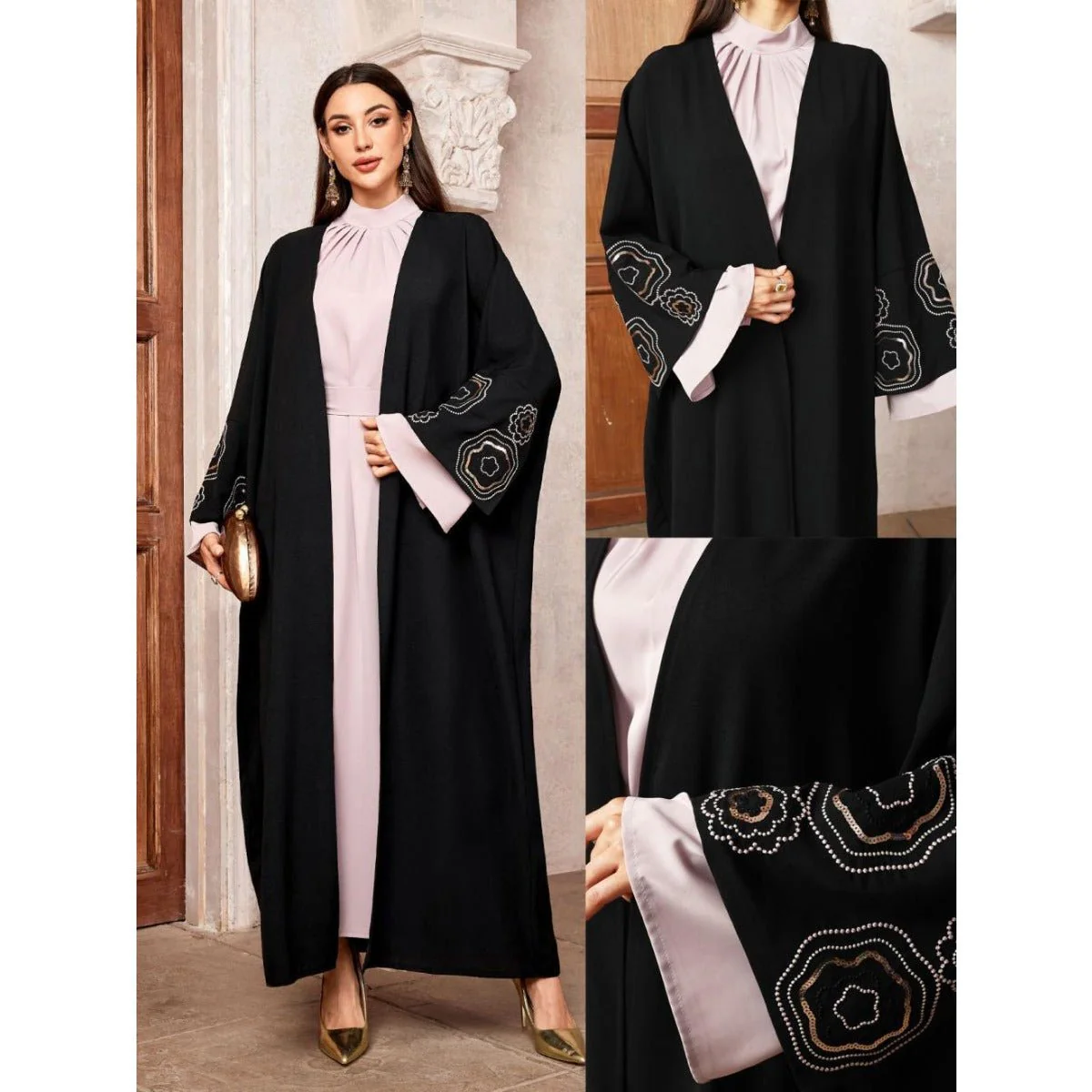 Modest Muslim Luxury Batwing Abaya Set | Black Embroidered Cardigan & Lavender Dress (MOA181) - Image 8