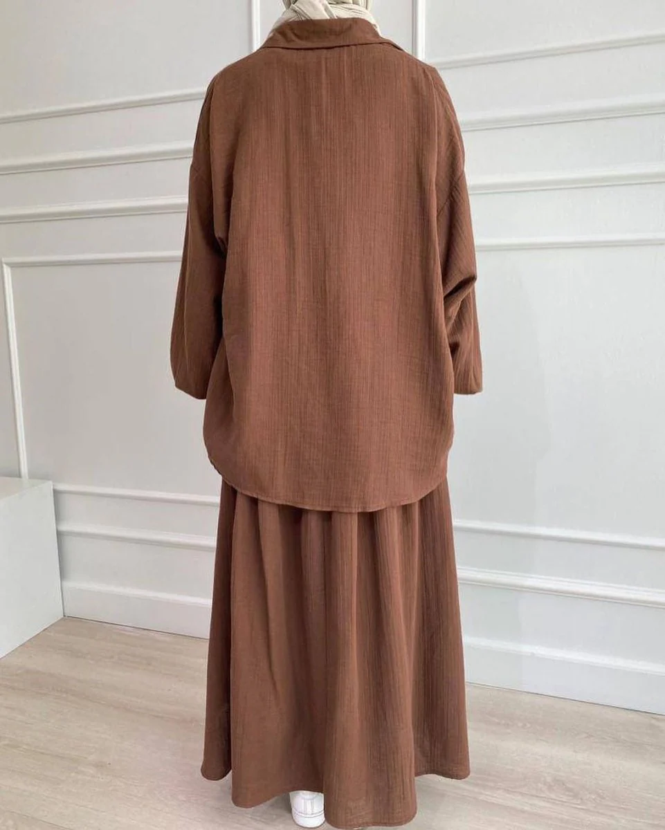 Modest Muslim Women's Bubble Sleeve Shirt Jacket & Skirt Layered Dress Set(MS078) - Image 11