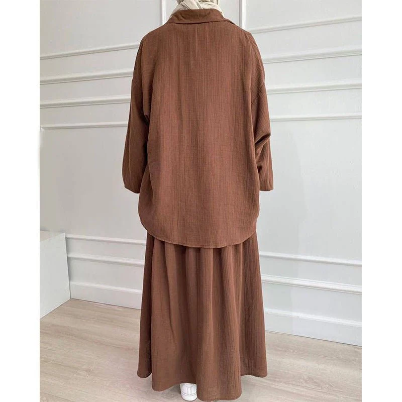 Modest Muslim Women's Bubble Sleeve Shirt Jacket & Skirt Layered Dress Set(MS078) - Image 4