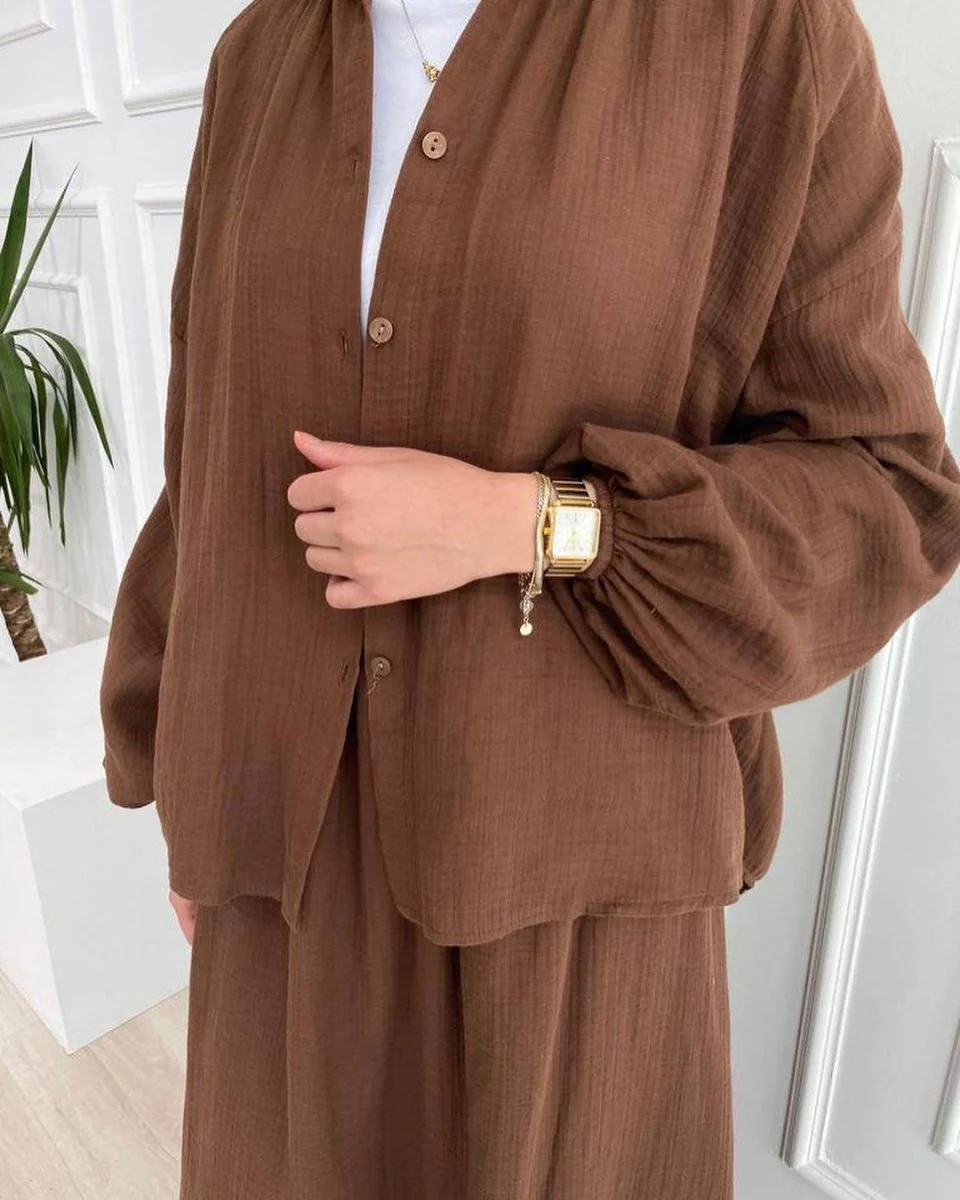 Modest Muslim Women's Bubble Sleeve Shirt Jacket & Skirt Layered Dress Set(MS078) - Image 6