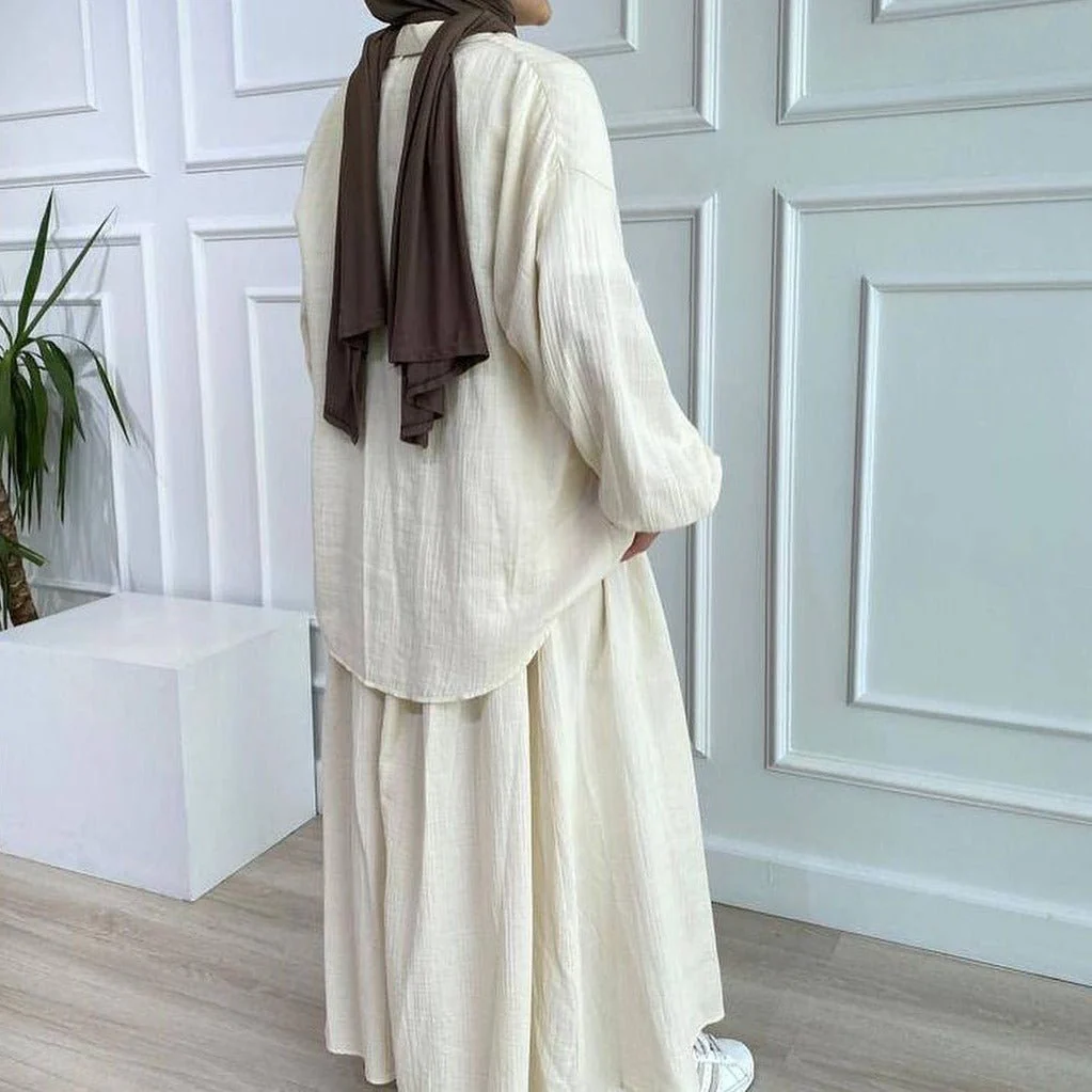 Modest Muslim Women's Bubble Sleeve Shirt Jacket & Skirt Layered Dress Set(MS078) - Image 7