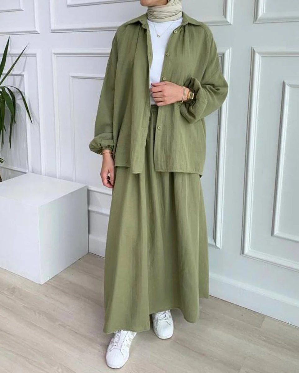 Modest Muslim Women's Bubble Sleeve Shirt Jacket & Skirt Layered Dress Set(MS078) - Image 8