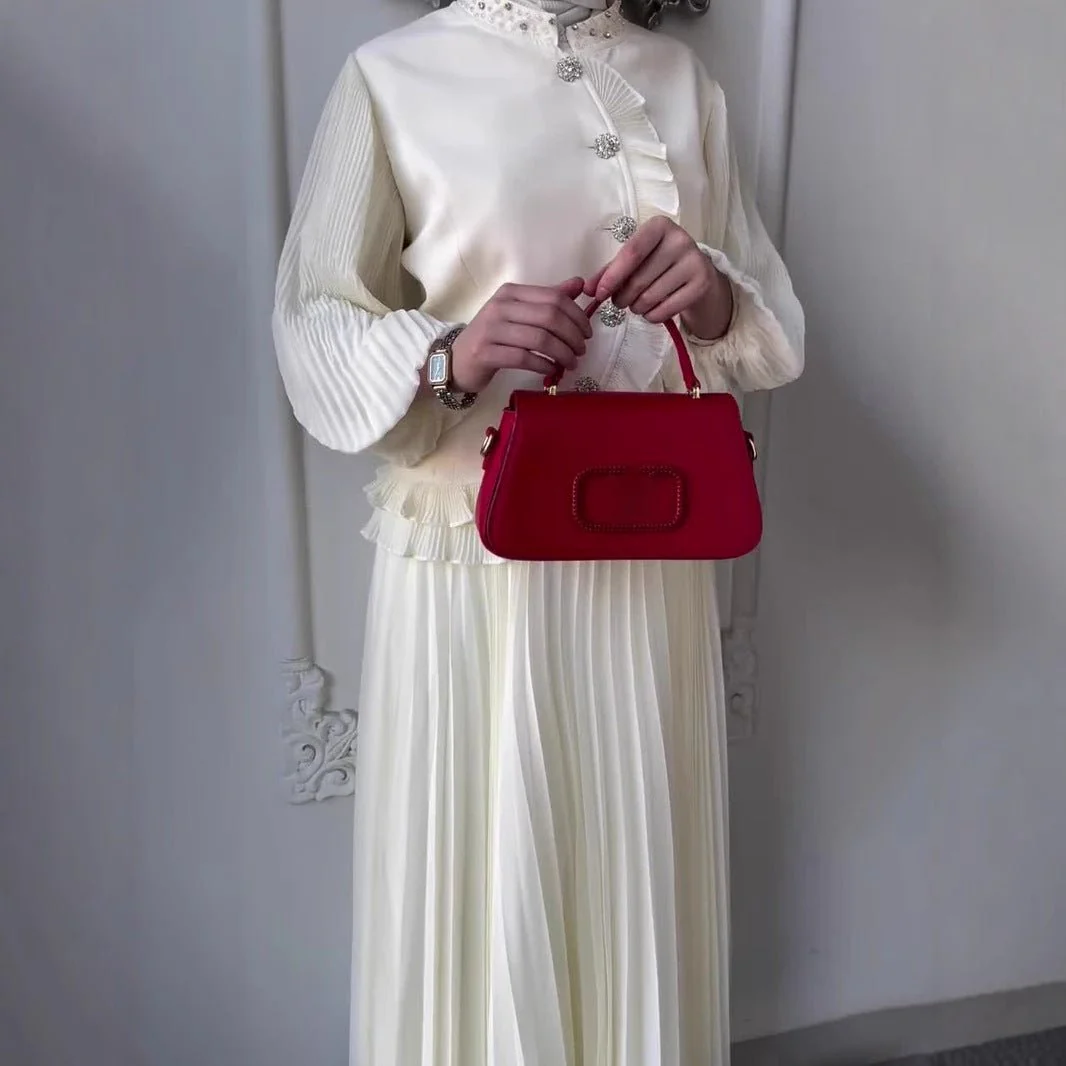 Modest Muslim Women's Pleated Loose Blouse & Skirt Set with Pearl Embellishments (MS080) - Image 3