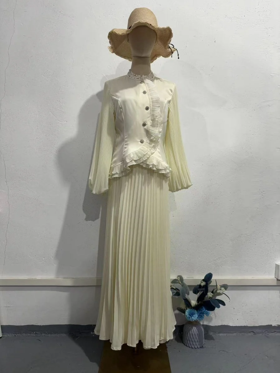 Modest Muslim Women's Pleated Loose Blouse & Skirt Set with Pearl Embellishments (MS080) - Image 4