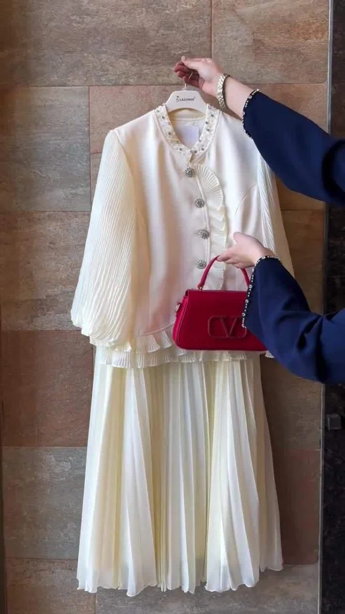 Modest Muslim Women's Pleated Loose Blouse & Skirt Set with Pearl Embellishments (MS080) - Image 5