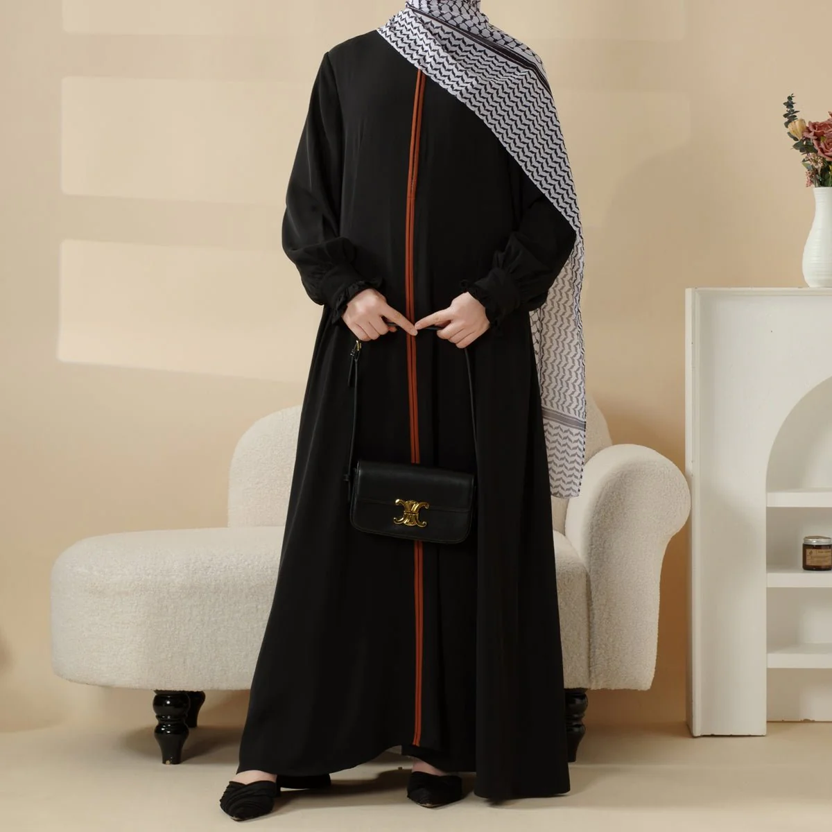 Modest Pullover Abaya with Palestinian Embroidery, Elegant Ruffled Cuff Maxi Dress (MA141) - Image 3