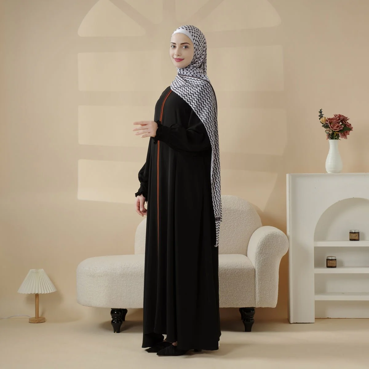 Modest Pullover Abaya with Palestinian Embroidery, Elegant Ruffled Cuff Maxi Dress (MA141) - Image 4