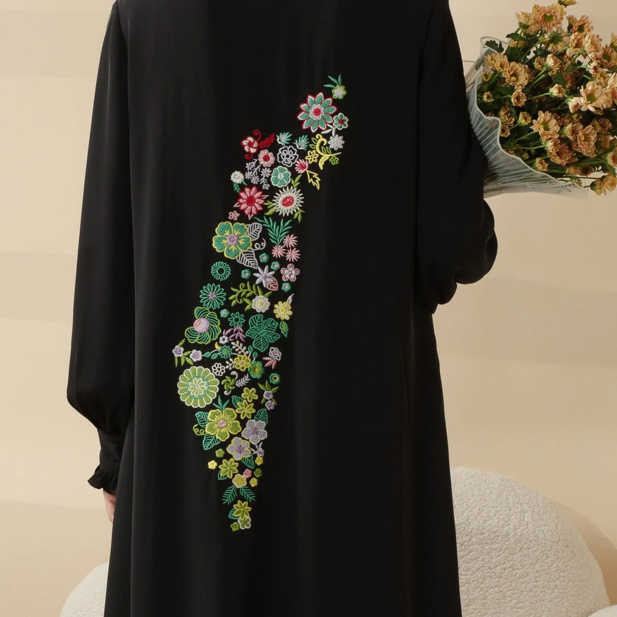Modest Pullover Abaya with Palestinian Embroidery, Elegant Ruffled Cuff Maxi Dress (MA141) - Image 5