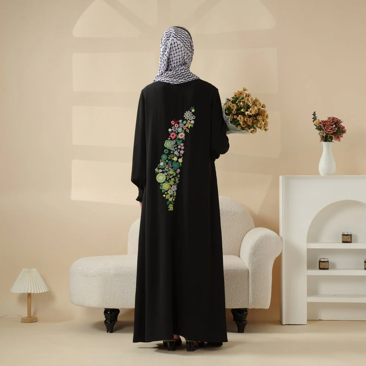 Modest Pullover Abaya with Palestinian Embroidery, Elegant Ruffled Cuff Maxi Dress (MA141) - Image 9