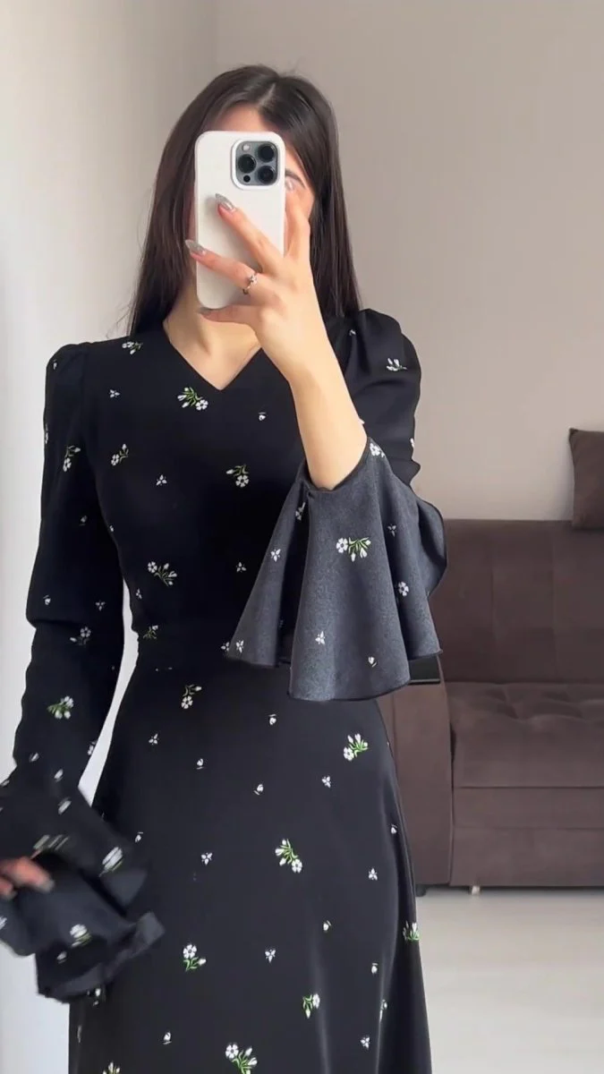 Modest V-Neck Boho Chiffon Black Floral Abaya Dress with Lotus Sleeve Flared Bell Sleeves(MA202) - Image 10
