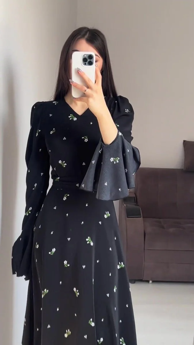 Modest V-Neck Boho Chiffon Black Floral Abaya Dress with Lotus Sleeve Flared Bell Sleeves(MA202) - Image 11