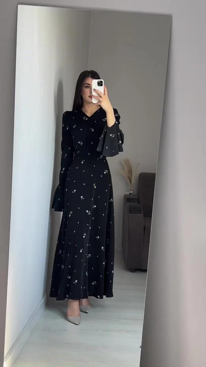 Modest V-Neck Boho Chiffon Black Floral Abaya Dress with Lotus Sleeve Flared Bell Sleeves(MA202) - Image 12