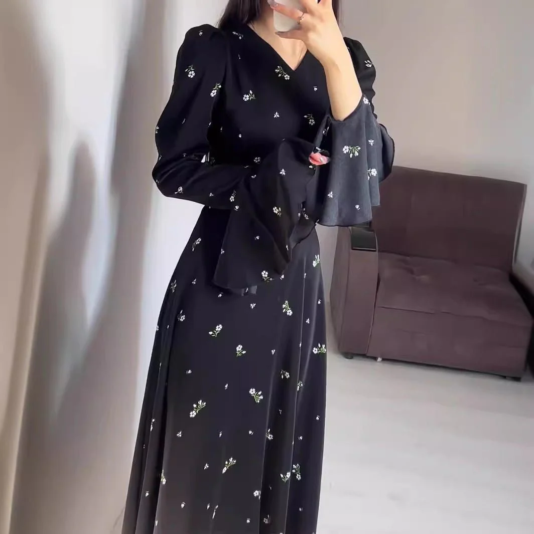 Modest V-Neck Boho Chiffon Black Floral Abaya Dress with Lotus Sleeve Flared Bell Sleeves(MA202) - Image 3