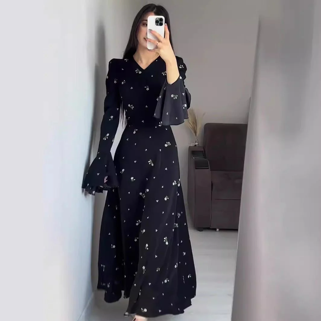 Modest V-Neck Boho Chiffon Black Floral Abaya Dress with Lotus Sleeve Flared Bell Sleeves(MA202) - Image 4