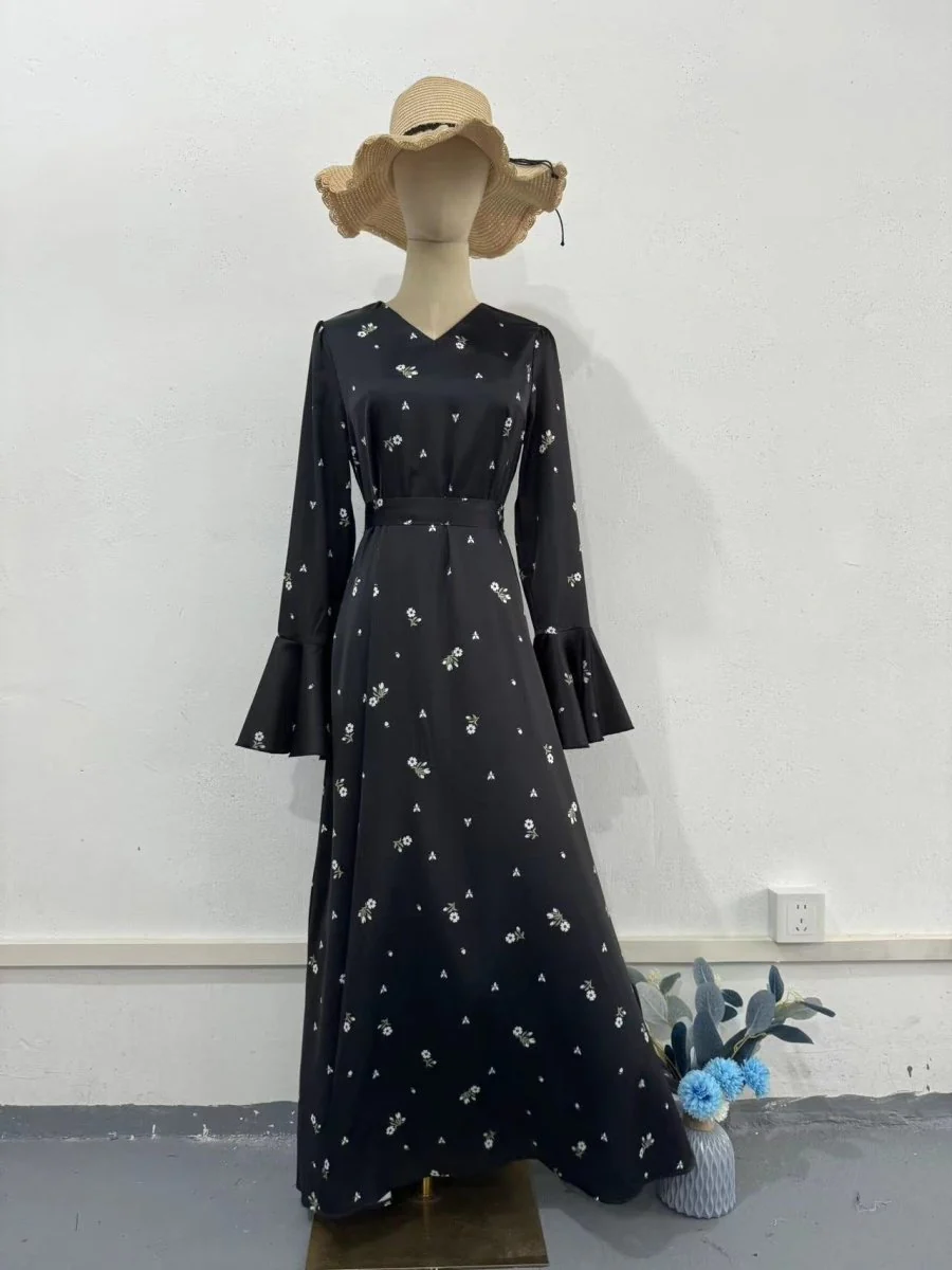 Modest V-Neck Boho Chiffon Black Floral Abaya Dress with Lotus Sleeve Flared Bell Sleeves(MA202) - Image 5