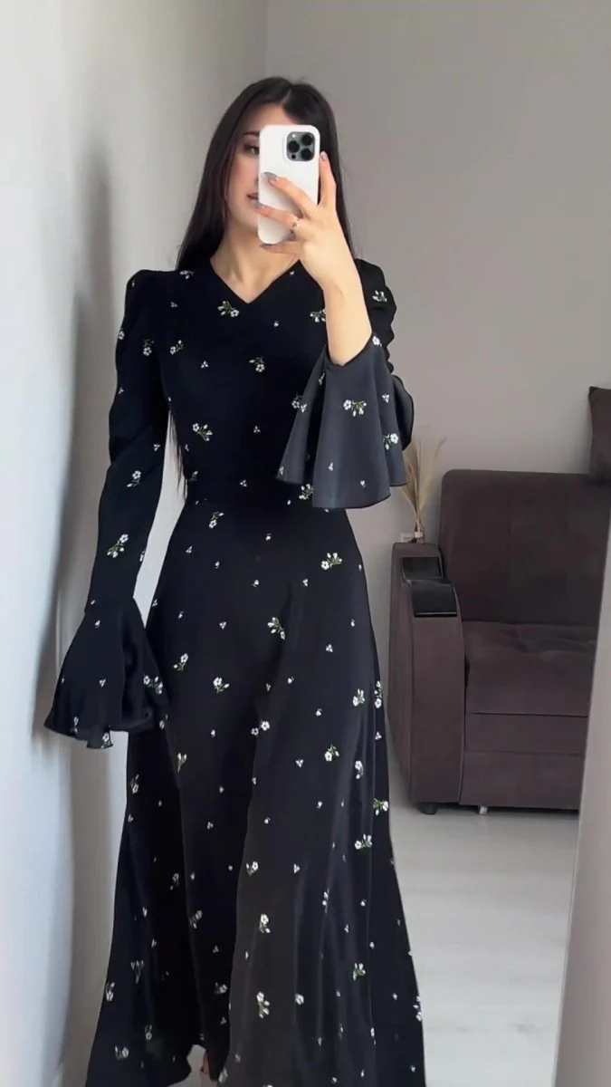 Modest V-Neck Boho Chiffon Black Floral Abaya Dress with Lotus Sleeve Flared Bell Sleeves(MA202) - Image 6