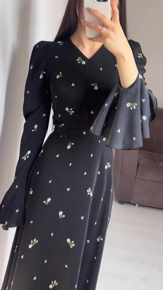 Modest V-Neck Boho Chiffon Black Floral Abaya Dress with Lotus Sleeve Flared Bell Sleeves(MA202) - Image 7