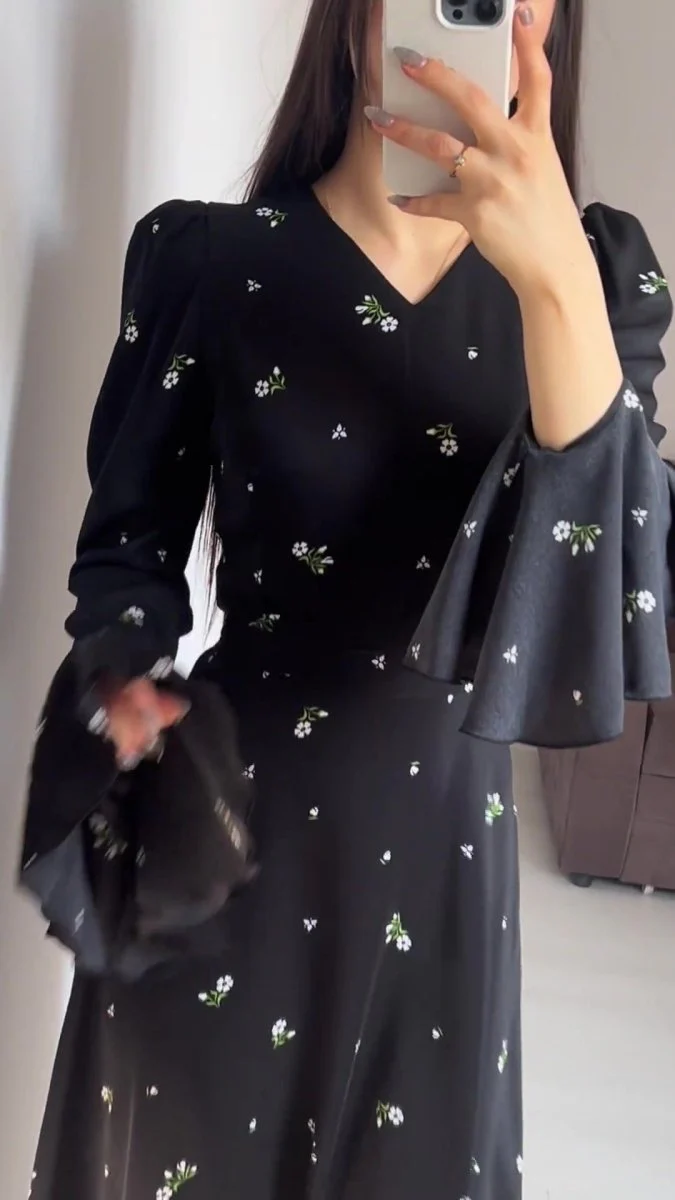 Modest V-Neck Boho Chiffon Black Floral Abaya Dress with Lotus Sleeve Flared Bell Sleeves(MA202) - Image 8