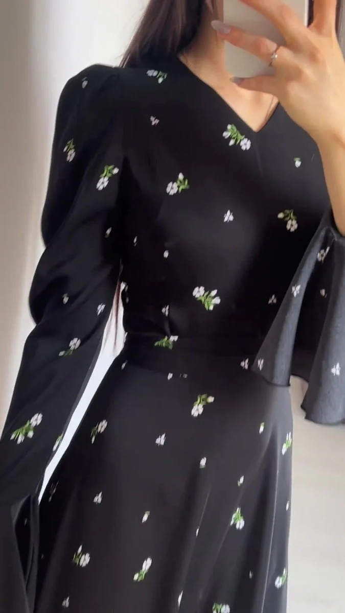 Modest V-Neck Boho Chiffon Black Floral Abaya Dress with Lotus Sleeve Flared Bell Sleeves(MA202) - Image 9