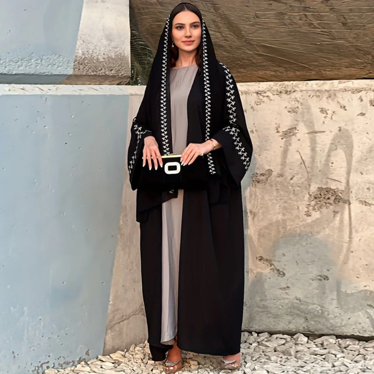 Moonlight Embroidered Abaya Set | Batwing Sleeve Robe with Matching Hijab (MOA183) - Image 12