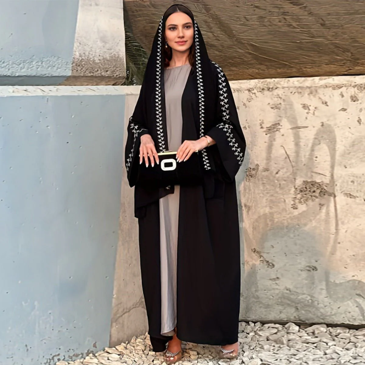 Moonlight Embroidered Abaya Set | Batwing Sleeve Robe with Matching Hijab (MOA183) - Image 14