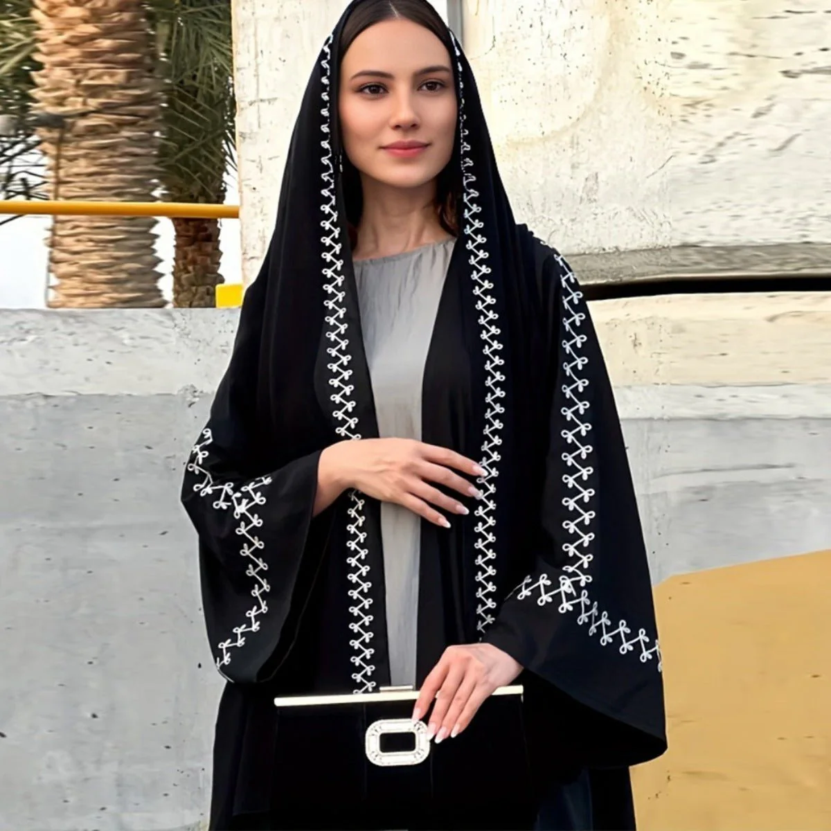 Moonlight Embroidered Abaya Set | Batwing Sleeve Robe with Matching Hijab (MOA183) - Image 15