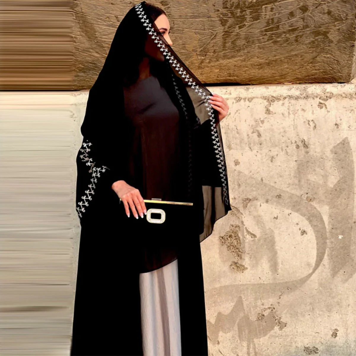 Moonlight Embroidered Abaya Set | Batwing Sleeve Robe with Matching Hijab (MOA183) - Image 17