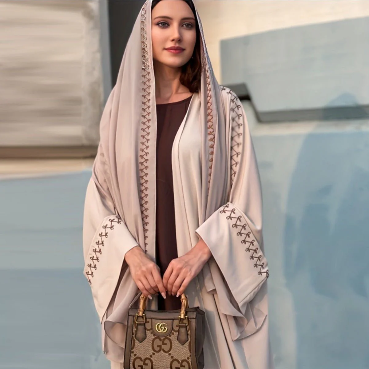 Moonlight Embroidered Abaya Set | Batwing Sleeve Robe with Matching Hijab (MOA183) - Image 3