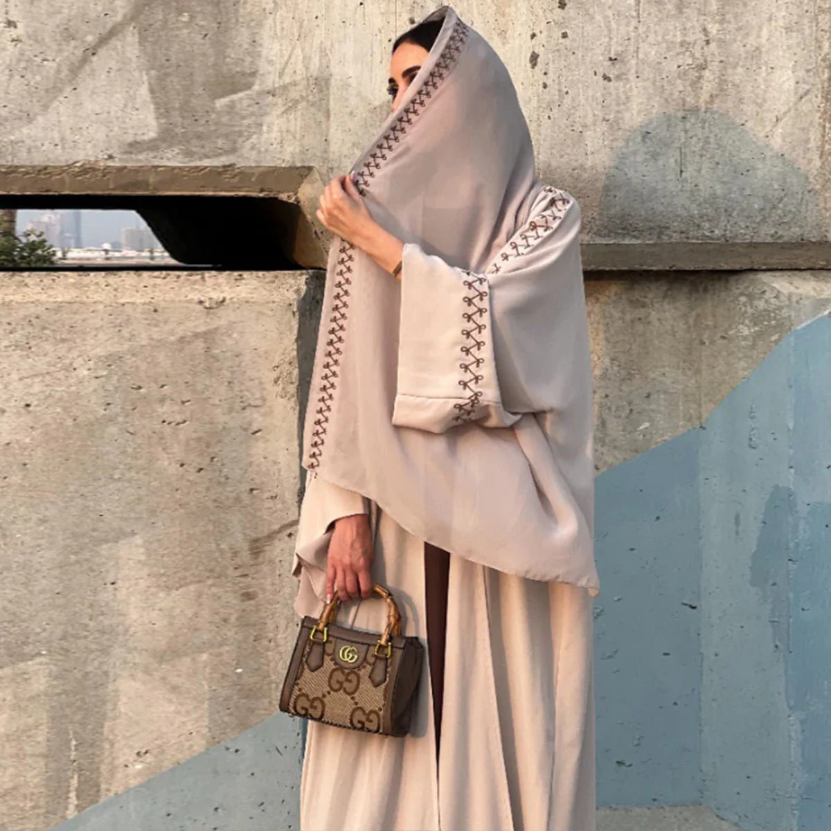 Moonlight Embroidered Abaya Set | Batwing Sleeve Robe with Matching Hijab (MOA183) - Image 4