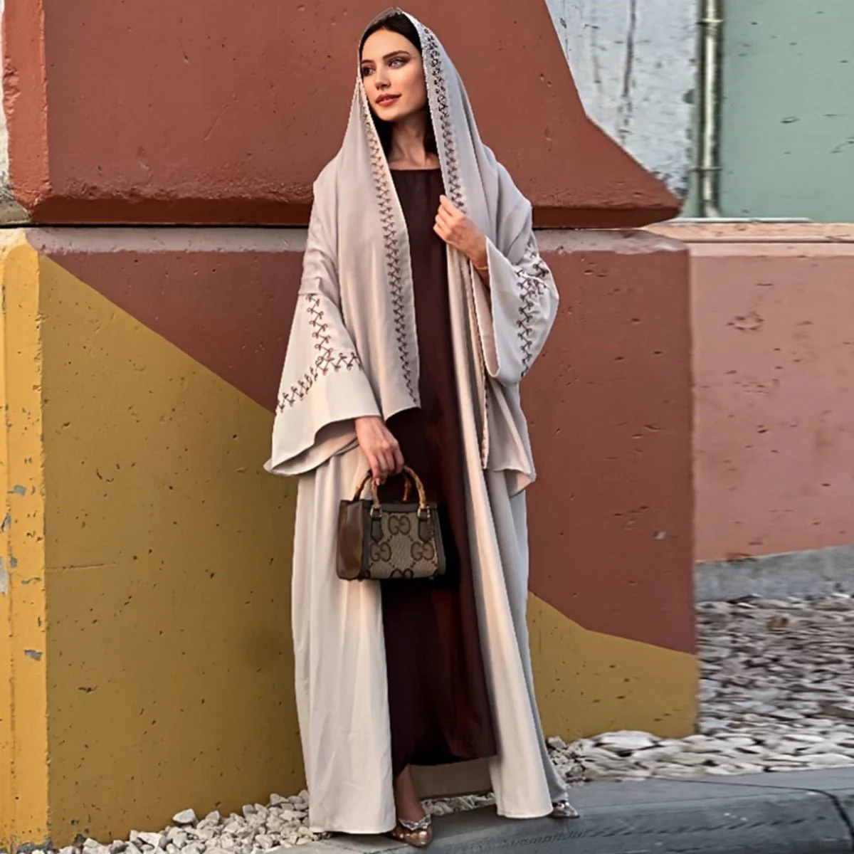 Moonlight Embroidered Abaya Set | Batwing Sleeve Robe with Matching Hijab (MOA183) - Image 5