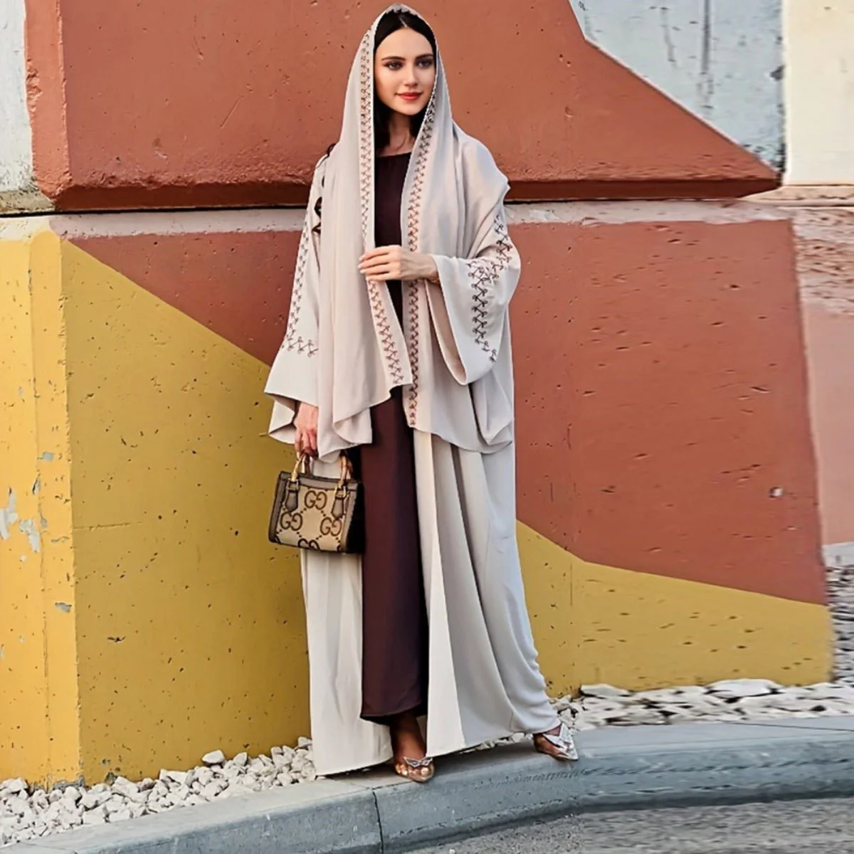 Moonlight Embroidered Abaya Set | Batwing Sleeve Robe with Matching Hijab (MOA183) - Image 6