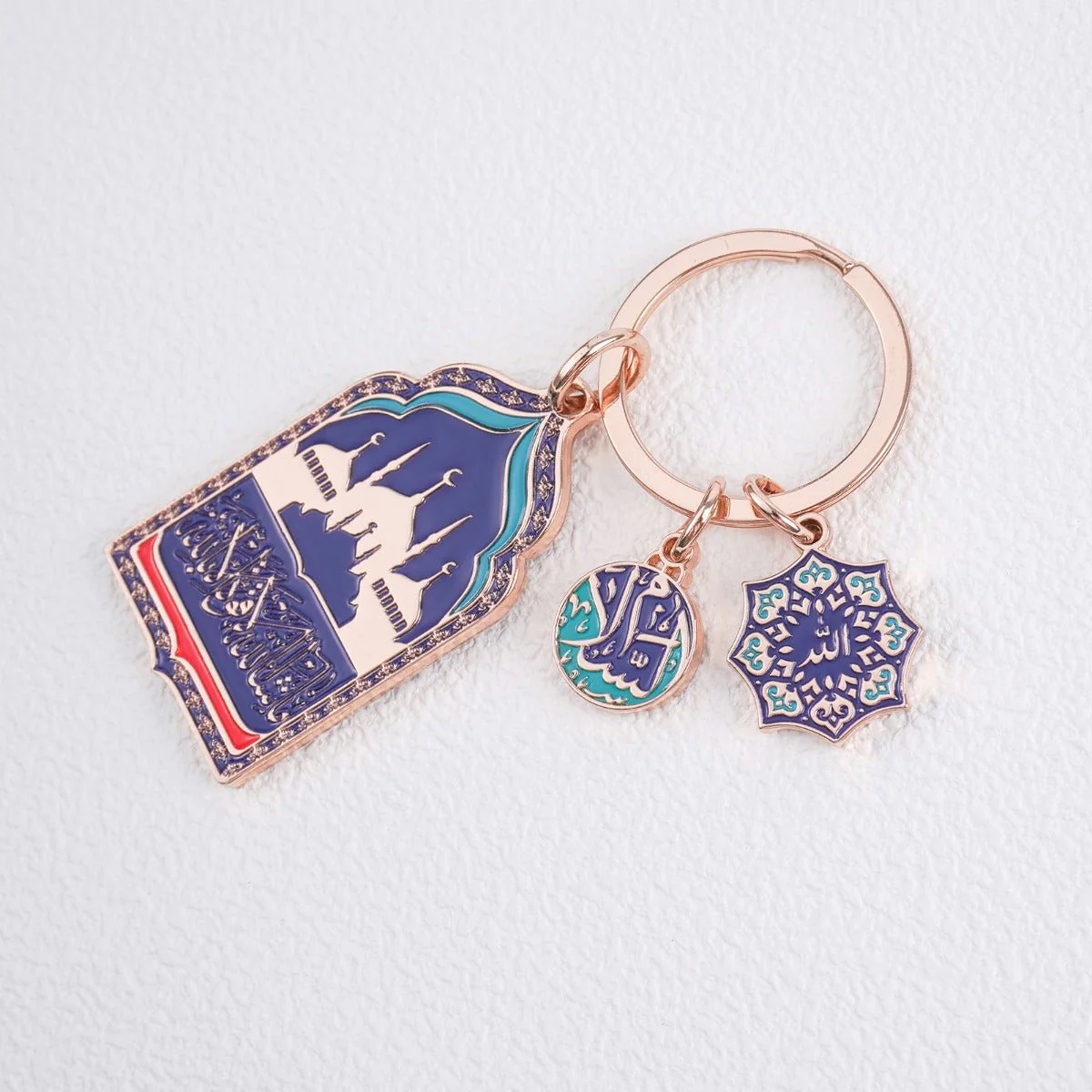 Mosque Keychain Car Hanger | Rose Gold Islamic Prayer Beads with Blue Enamel Mosque Charm(MAC254)