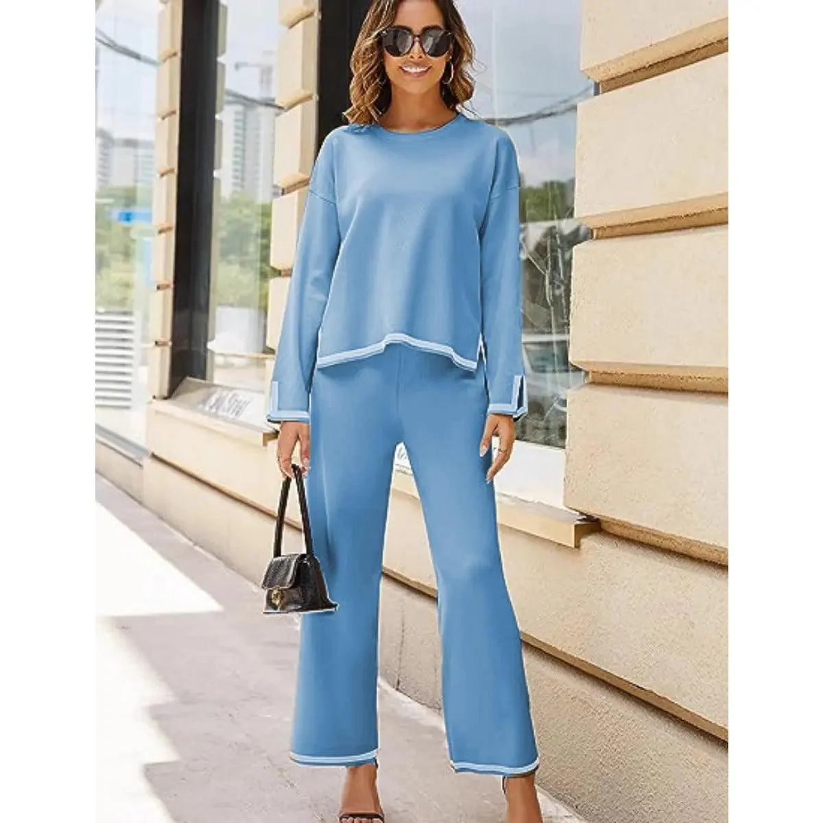 MS003 2 Piece Outfits Long Sleeve Knit Sweater Top Wide Leg Pants Lounge Sets - Image 11
