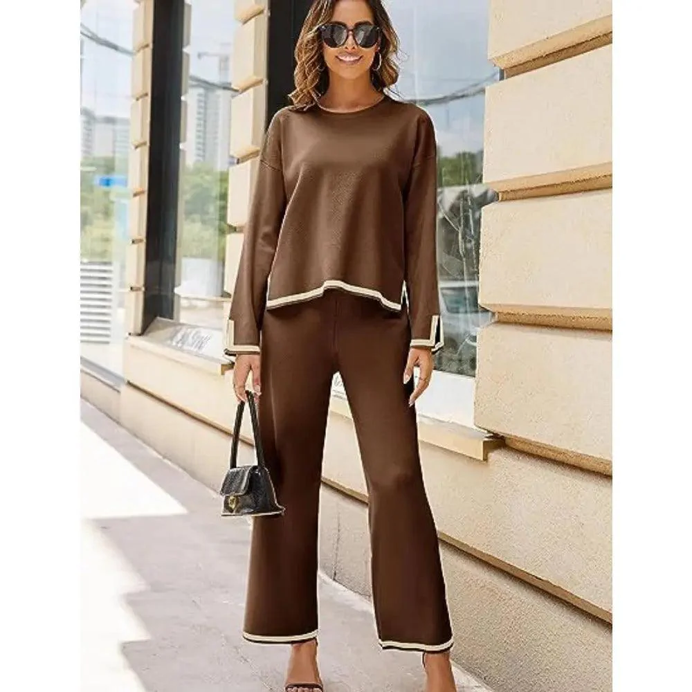 MS003 2 Piece Outfits Long Sleeve Knit Sweater Top Wide Leg Pants Lounge Sets - Image 15